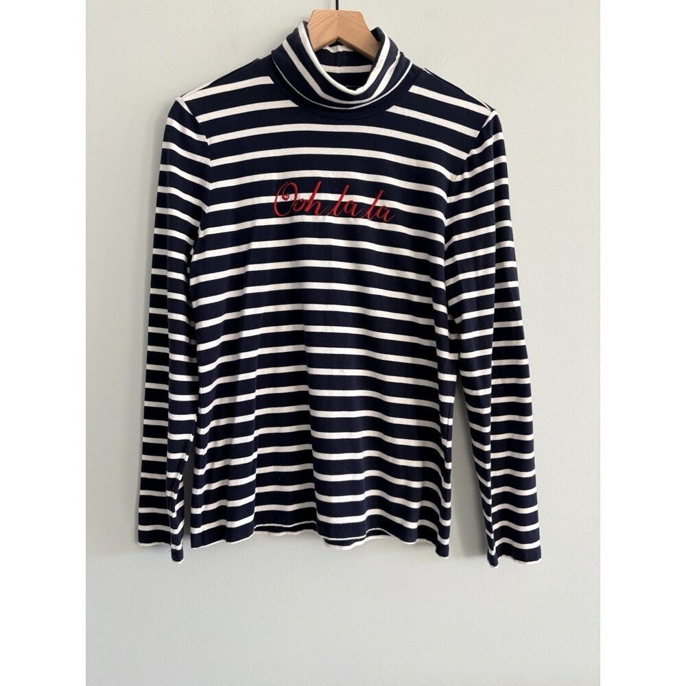 Talbots Long Sleeve Tee Ooh La La Embroidered Womens Large Navy White Striped
